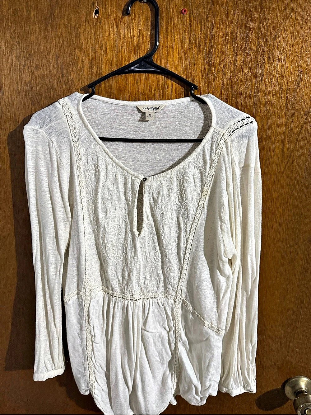 Lucky Brand Long Sleeve Embroidered Yoke Peasant Top White Medium